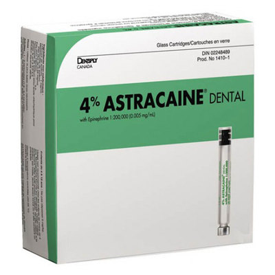 Astracaine 4% (100) Epinephrine 1:200,000 - Green (Articaine) **PRODUCT EXPIRES SEPTEMBER 2024****FINAL SALE, NO RETURNS PERMITTED**