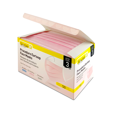 Procedure Earloop Mask Pink ASTM Level 3 Box/50 Latex-Free