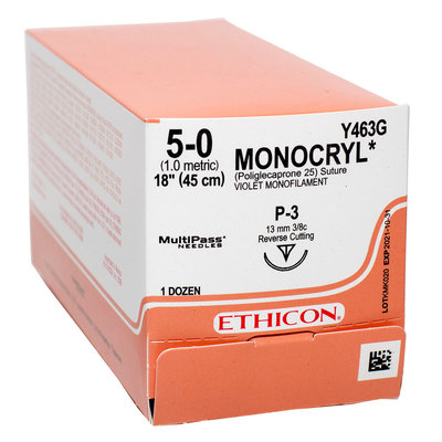 Ethicon Sutures 5-0 Monocryl Violet Mono 18" P-3 Needle Pk/12