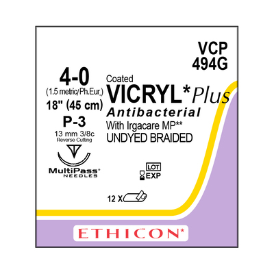 Ethicon Sutures VCP494G 4-0 Coat Vicryl Undyed Braid 18" P-3 Needle Pk/12