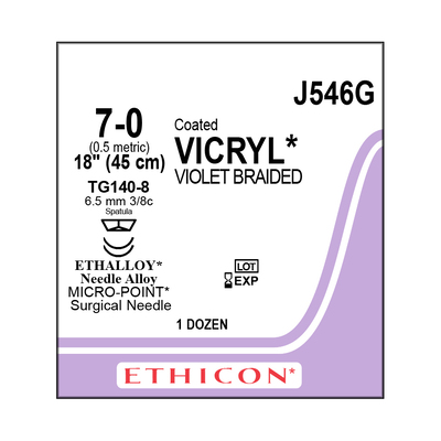 Ethicon Sutures 7-0 Coat Vicryl Violet Braid 18" TG140-8 Pk/12