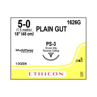 Ethicon Sutures 1626G 5-0 Plain Gut 18" PS-3 Needle Pk/12