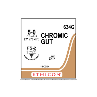 Ethicon Sutures 634G 5-0 Chromic Gut 27" FS-2 Needle (12)