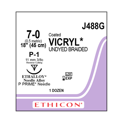 Ethicon Sutures J488G 7-0 Coat Vicryl Undyed Braided 18" P-1 Needle (12)