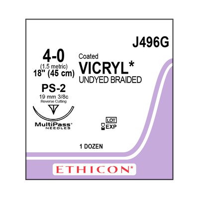 Ethicon Sutures J496G 4-0 Coat Vicryl Undyed Braided 18" PS-2 Needle (12)
