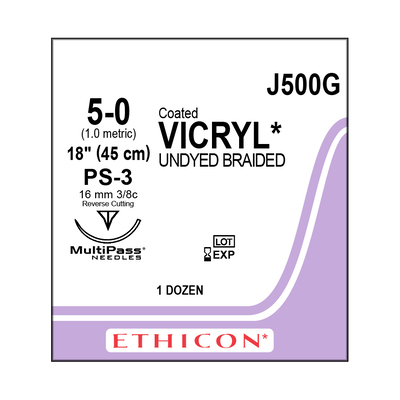 Ethicon Sutures J500G 5-0 Coat Vicryl Undyed Braided 18" PS-3 Needle (12)