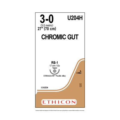 Ethicon Sutures U204H 3-0 Chromic Gut 27" RB-1 Needle (36)