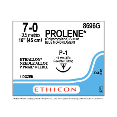 Ethicon Sutures 8696G 7-0 Prolene Blue Mono. 18" P-1 (12)