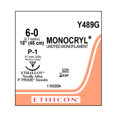 Ethicon Sutures Y489G 6-0 Monocryl Undyed Mono 18" P-1 Pk/12