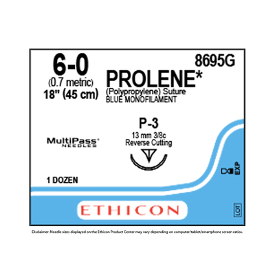 Ethicon Sutures 8695G 6-0 Prolene Blue Mono P-3 18" (12)