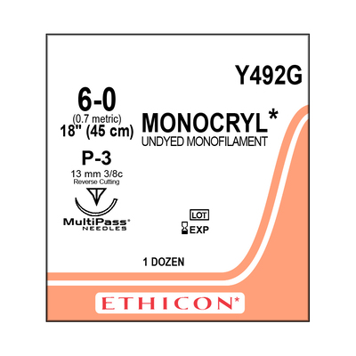 Ethicon Sutures Y492G 6-0 Monocryl Undyed Mono P-3 18" (12)