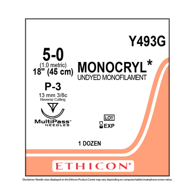 Ethicon Y493G 5-0 Monocryl Undyed Mono 18" P-3 (12)